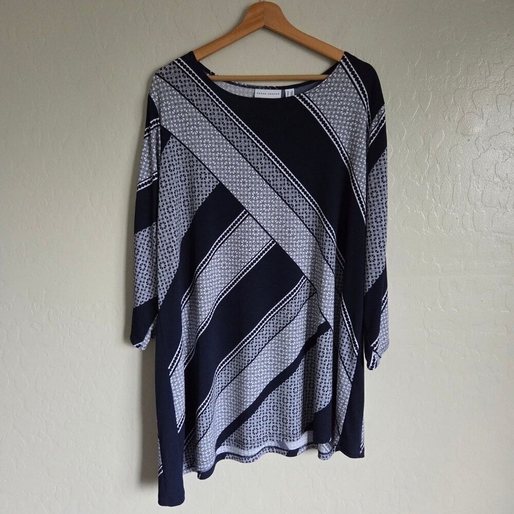 Susan Graver Liquid Knit Geometric Asymmetric Hem Tunic Navy Blue Size Womens 2X